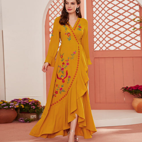 Elegant Floral Long-sleeved Fashion Ruffled Embroidery Slit Boho Style Lace-up Waist Long Skirt Muslim Ladies Party Dress