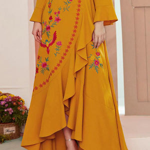 Elegant Floral Long-sleeved Fashion Ruffled Embroidery Slit Boho Style Lace-up Waist Long Skirt Muslim Ladies Party Dress