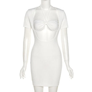 Elegant Halter Skinny Mini Dresses Women Short Sleeve Hollow Out Bodycon Party Club Dress Ladies White Summer Fashion Streetwear