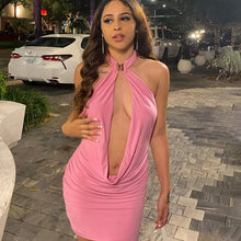 Load image into Gallery viewer, Elegant Halterneck Hollow Out Bandage Mini Dress Summer Women 2021 Party Pink White Backless Bodycon Dresses Vacation Sundress