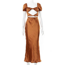 Load image into Gallery viewer, Elegant Hollow Out Lace Up Satin Midi Dresses Women Short Puff Sleeve Bandage Party Prom Long Dress 2021 Summer Festival Brown