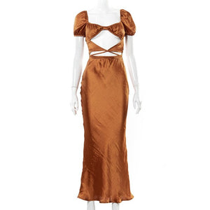 Elegant Hollow Out Lace Up Satin Midi Dresses Women Short Puff Sleeve Bandage Party Prom Long Dress 2021 Summer Festival Brown