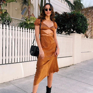 Elegant Hollow Out Lace Up Satin Midi Dresses Women Short Puff Sleeve Bandage Party Prom Long Dress 2021 Summer Festival Brown