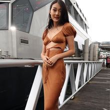 Load image into Gallery viewer, Elegant Hollow Out Lace Up Satin Midi Dresses Women Short Puff Sleeve Bandage Party Prom Long Dress 2021 Summer Festival Brown