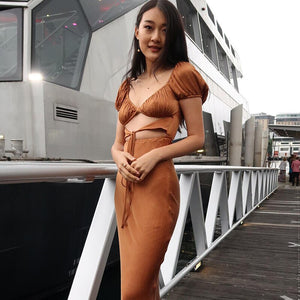 Elegant Hollow Out Lace Up Satin Midi Dresses Women Short Puff Sleeve Bandage Party Prom Long Dress 2021 Summer Festival Brown