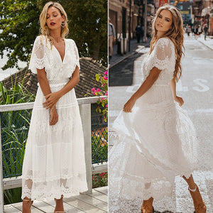Elegant Hollow Out White Dress Women Long Lace Dress Cross Semi-Sheer Plunge V-Neck Short Sleeve Maxi Dress Princess Vestidos