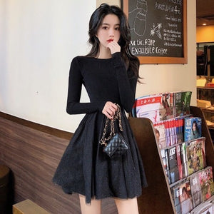 Elegant Knitted Mesh Patchwork Dress 2020 Spring Women Long Sleeve O Neck Ball Gown mini Dress Casual Knit A Line vestidos