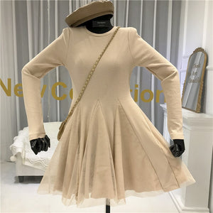 Elegant Knitted Mesh Patchwork Dress 2020 Spring Women Long Sleeve O Neck Ball Gown mini Dress Casual Knit A Line vestidos