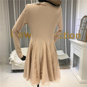 Elegant Knitted Mesh Patchwork Dress 2020 Spring Women Long Sleeve O Neck Ball Gown mini Dress Casual Knit A Line vestidos
