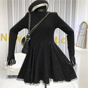 Elegant Knitted Mesh Patchwork Dress 2020 Spring Women Long Sleeve O Neck Ball Gown mini Dress Casual Knit A Line vestidos