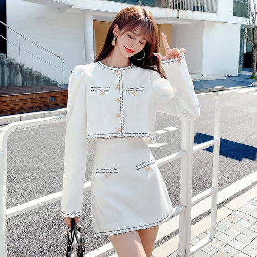 Elegant Lady Two Piece Set Autumn Small Fragrance Suit Button Round Neck Crop Coat+Sexy Slim Bag Hip Skirt Short Sets Casual