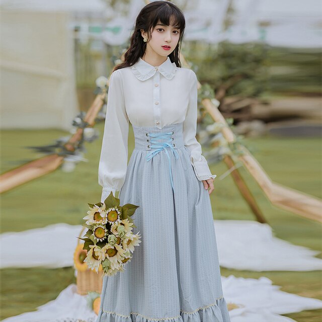 Elegant Lolita 2 Piece Sets Womens Outfits Vintage Peter Pan Collar Lantern Sleeve White Shirt And Bandage Stripe Long Skirt