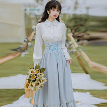 Load image into Gallery viewer, Elegant Lolita 2 Piece Sets Womens Outfits Vintage Peter Pan Collar Lantern Sleeve White Shirt And Bandage Stripe Long Skirt