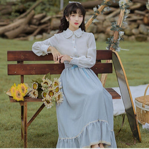 Elegant Lolita 2 Piece Sets Womens Outfits Vintage Peter Pan Collar Lantern Sleeve White Shirt And Bandage Stripe Long Skirt