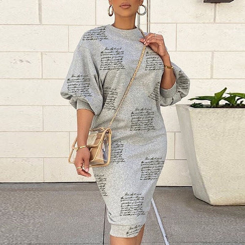 Elegant Long Lantern SleeveSolid  Party Dress Fashion O Neck Sweatshirt Dress Ladies Casual Women Loose Pullover Dress Vestidos