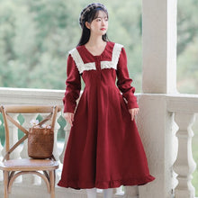 Load image into Gallery viewer, Elegant Loose Lovely Dress Robe Femme Fall French Elegant Apricot Dresses Long Sleeve Lace Stitching Sweet Cute Lotus Leaf Dress