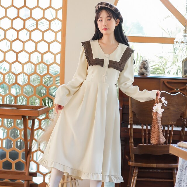 Elegant Loose Lovely Dress Robe Femme Fall French Elegant Apricot Dresses Long Sleeve Lace Stitching Sweet Cute Lotus Leaf Dress