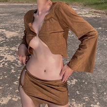 Load image into Gallery viewer, Elegant Low Waist Side Hook Closure Skirt Suit Sexy V Neck Long Sleeve Cardigan Crop Top Folds Hook Mini Dress Streetwear