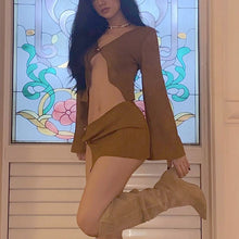 Load image into Gallery viewer, Elegant Low Waist Side Hook Closure Skirt Suit Sexy V Neck Long Sleeve Cardigan Crop Top Folds Hook Mini Dress Streetwear