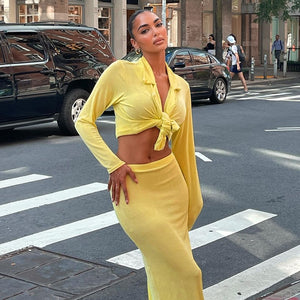 Elegant Maxi Dress Sets Women Casual Long Sleeve Shirt Crop Top And Long Skirt Suits Summer Fashion2021 Sexy Party Two Piece Set