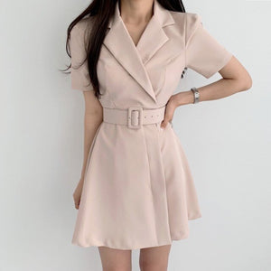 Elegant Notched Collar Blazer Mini Dress With Sashes 2021 Summer Ladies Notched Short Sleeve A-Line Party Dresses Female