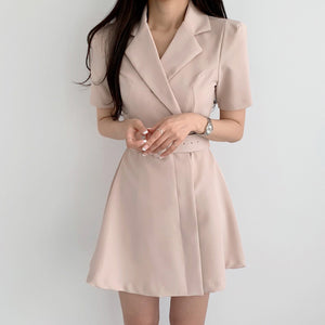 Elegant Notched Collar Blazer Mini Dress With Sashes 2021 Summer Ladies Notched Short Sleeve A-Line Party Dresses Female