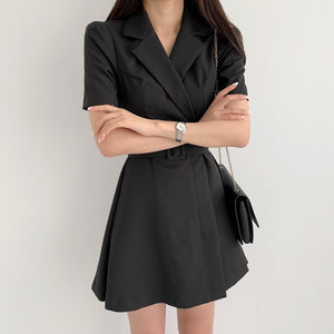 Elegant Notched Collar Blazer Mini Dress With Sashes 2021 Summer Ladies Notched Short Sleeve A-Line Party Dresses Female