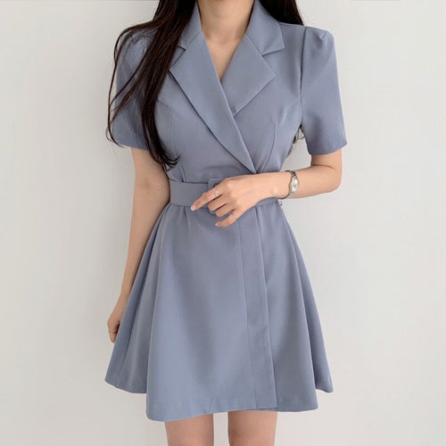 Elegant Notched Collar Blazer Mini Dress With Sashes 2021 Summer Ladies Notched Short Sleeve A-Line Party Dresses Female