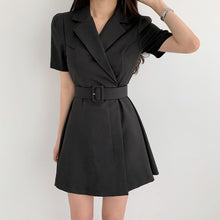 Load image into Gallery viewer, Elegant Notched Collar Blazer Mini Dress With Sashes 2021 Summer Ladies Notched Short Sleeve A-Line Party Dresses Female