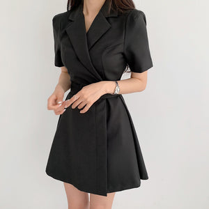 Elegant Notched Collar Blazer Mini Dress With Sashes 2021 Summer Ladies Notched Short Sleeve A-Line Party Dresses Female