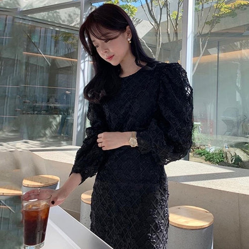 Elegant O Neck Lace Hollow Crochet Splicing Dress Women Puff Sleeve Slim Waist Office Ladies Robe Femme Korean Style Vestidos