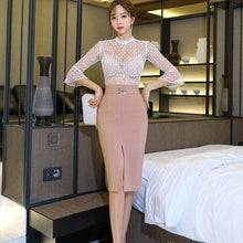 Load image into Gallery viewer, Elegant OL Style 2 Pieces suit Set White transparent flare sleeve Blouse + High Waist Pink Skirt Office Ladies Women Set