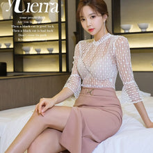 Load image into Gallery viewer, Elegant OL Style 2 Pieces suit Set White transparent flare sleeve Blouse + High Waist Pink Skirt Office Ladies Women Set
