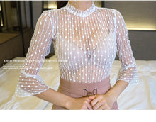 Load image into Gallery viewer, Elegant OL Style 2 Pieces suit Set White transparent flare sleeve Blouse + High Waist Pink Skirt Office Ladies Women Set
