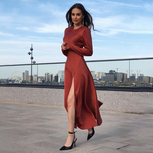 Elegant Party Women Dress Slim O Neck Long Sleeve Mid Calf Dresses 2021 Casual Office Lady Casual Birthday Solid Red Vestido