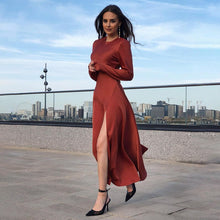 Load image into Gallery viewer, Elegant Party Women Dress Slim O Neck Long Sleeve Mid Calf Dresses 2021 Casual Office Lady Casual Birthday Solid Red Vestido