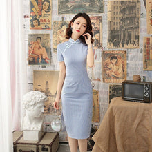 Load image into Gallery viewer, Elegant Plaid Print Improved Cheongsam Summer Women Short Sleeve Stand Collar Slim Split Fork Vintage Buckle Knee Length Dress