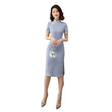 Load image into Gallery viewer, Elegant Plaid Print Improved Cheongsam Summer Women Short Sleeve Stand Collar Slim Split Fork Vintage Buckle Knee Length Dress