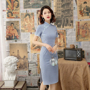Elegant Plaid Print Improved Cheongsam Summer Women Short Sleeve Stand Collar Slim Split Fork Vintage Buckle Knee Length Dress