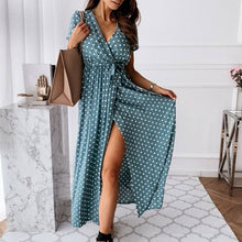Load image into Gallery viewer, Elegant Polka Dot Print Short Sleeve Summer Dress Women Casual Sexy VNeck A Line Beach Dress Vintage Party Vestidos Robe Femme