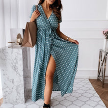 Load image into Gallery viewer, Elegant Polka Dot Print Short Sleeve Summer Dress Women Casual Sexy VNeck A Line Beach Dress Vintage Party Vestidos Robe Femme