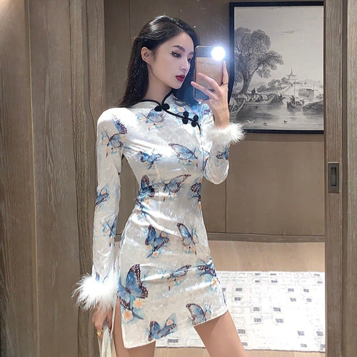 Elegant Print Long Sleeve Velvet Butterfly Cheongsam Dress Patchwork Bodycon Retro Sexy Party Fashion Robe Femme Autumn Vestido