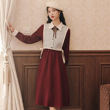 Load image into Gallery viewer, Elegant Retro Outfits Lady Fall Long Sleeve Red Dress Femme Sweet Checked Vest+Irregular Doll Collar Sweet Chic Midi Dress Suit
