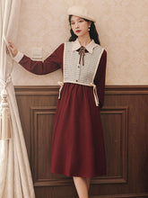 Load image into Gallery viewer, Elegant Retro Outfits Lady Fall Long Sleeve Red Dress Femme Sweet Checked Vest+Irregular Doll Collar Sweet Chic Midi Dress Suit