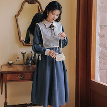 Load image into Gallery viewer, Elegant Retro Outfits Lady Fall Long Sleeve Red Dress Femme Sweet Checked Vest+Irregular Doll Collar Sweet Chic Midi Dress Suit