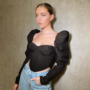 Elegant Romantic Irregular Croped Corset Top Women Stylish Puff Sleeve Vacation Crop Top Skinny Casual Streetwear Female