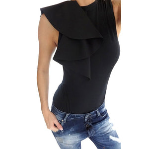 Elegant Ruffle Bodysuit Women Overalls Black White Fashion Bodycon Jumpsuit Sexy Sleeveless Casual Bodysuit Short Jumpsuit