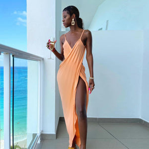 Elegant Sexy Spaghetti Strap Slit Midi Dress Women's Summer Sleeveless Prom Party Long Dress Solid Ladies 2021 Vacation Clothes