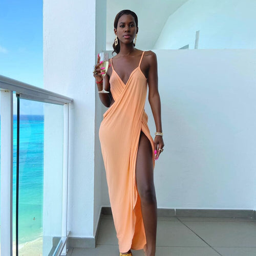 Elegant Sexy Spaghetti Strap Slit Midi Dress Women's Summer Sleeveless Prom Party Long Dress Solid Ladies 2021 Vacation Clothes