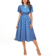 Load image into Gallery viewer, Elegant Short Sleeve Striped Midi Dress Woman Summer Fashion Casual V-neck A-line Dresses For Women 2021 Black Office Robe Femme